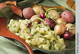 Potatoe salad featuring utensil and bowl from mackerel Sky