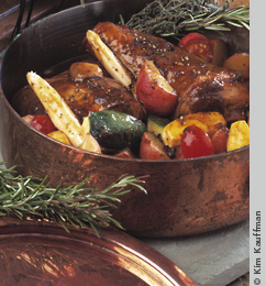 Food photo of copper pot full of summer vegetables by food photographer kim kauffman