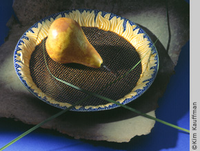 colorful abstract studio still life photograph of pear on a plate by still life photographer kim kauffman for editorial use